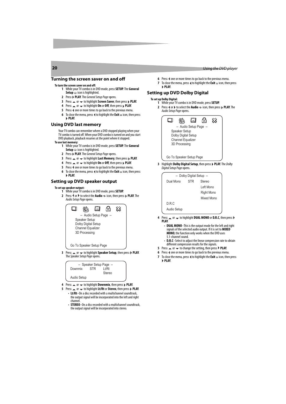 Turning the screen saver on and off, Using dvd last memory, Setting up dvd speaker output | Setting up dvd dolby digital | Dynex DX-LTDVD20 User Manual | Page 20 / 86