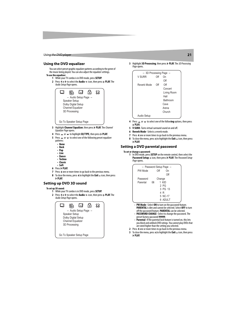 Using the dvd equalizer, Setting up dvd 3d sound, Setting a dvd parental password | Dynex DX-LTDVD20 User Manual | Page 21 / 86