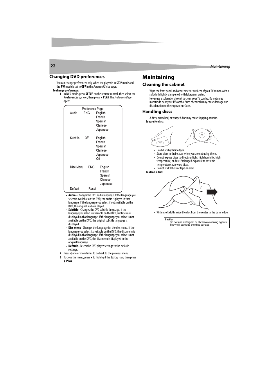 Changing dvd preferences, Maintaining, Cleaning the cabinet | Handling discs, Cleaning the cabinet handling discs | Dynex DX-LTDVD20 User Manual | Page 22 / 86