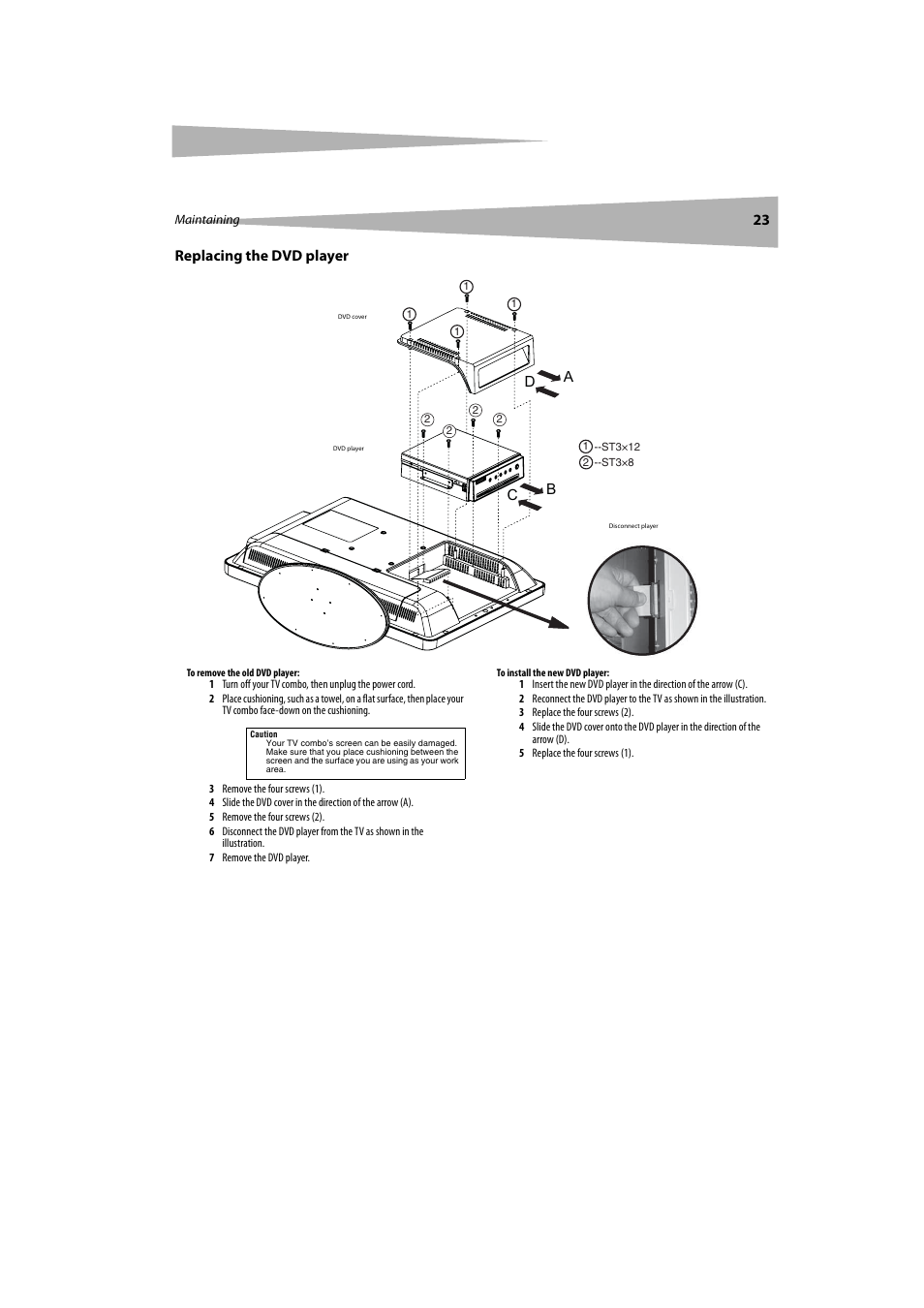 Replacing the dvd player, 23 replacing the dvd player, Bc a d | Dynex DX-LTDVD20 User Manual | Page 23 / 86