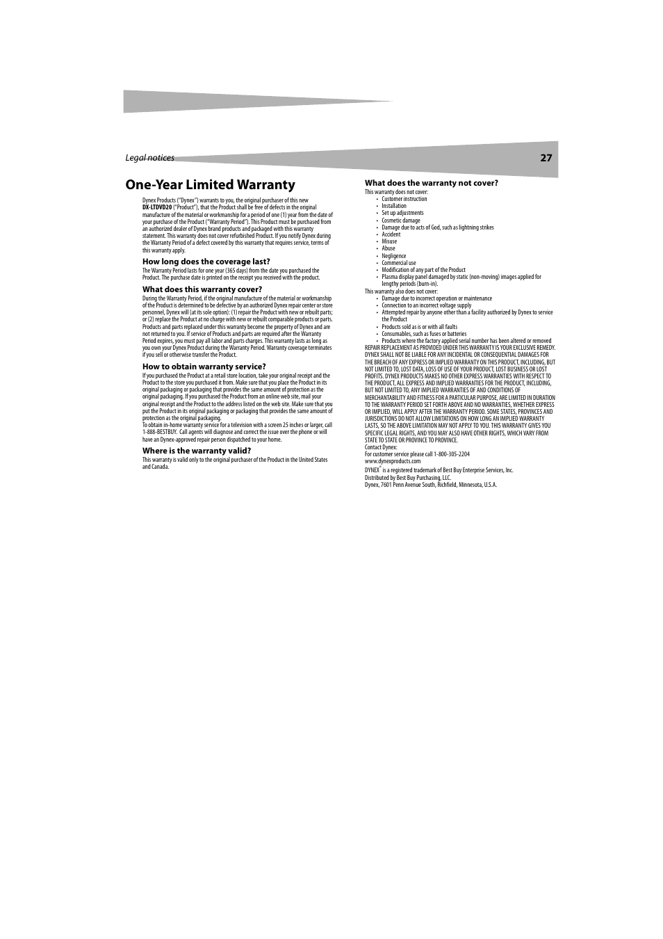 One-year limited warranty | Dynex DX-LTDVD20 User Manual | Page 27 / 86