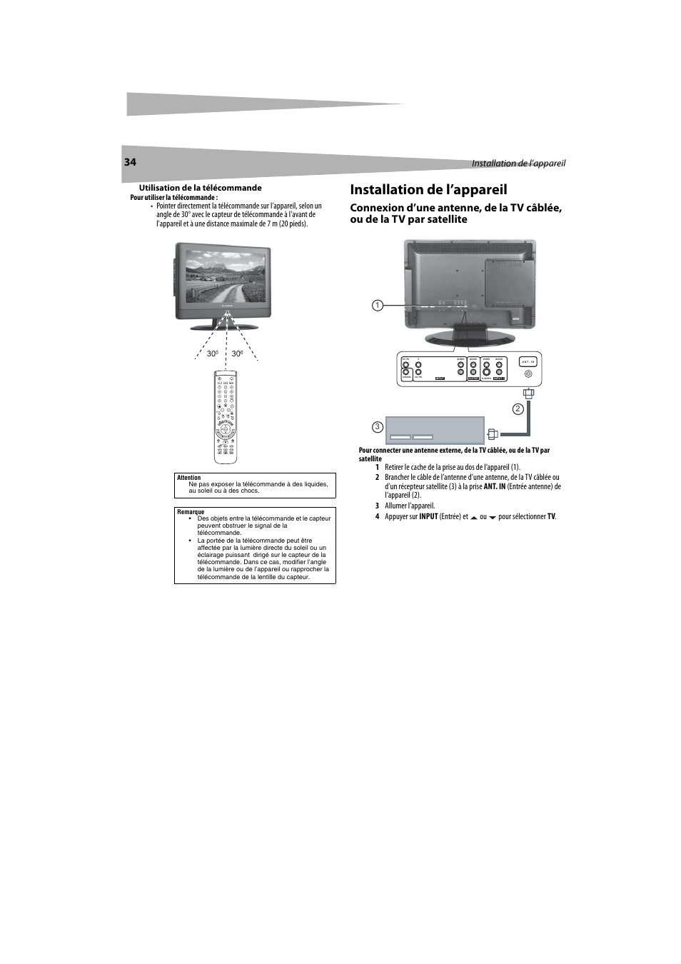 Installation de l’appareil, Satellite, Utilisation de la télécommande | Pour utiliser la télécommande | Dynex DX-LTDVD20 User Manual | Page 34 / 86