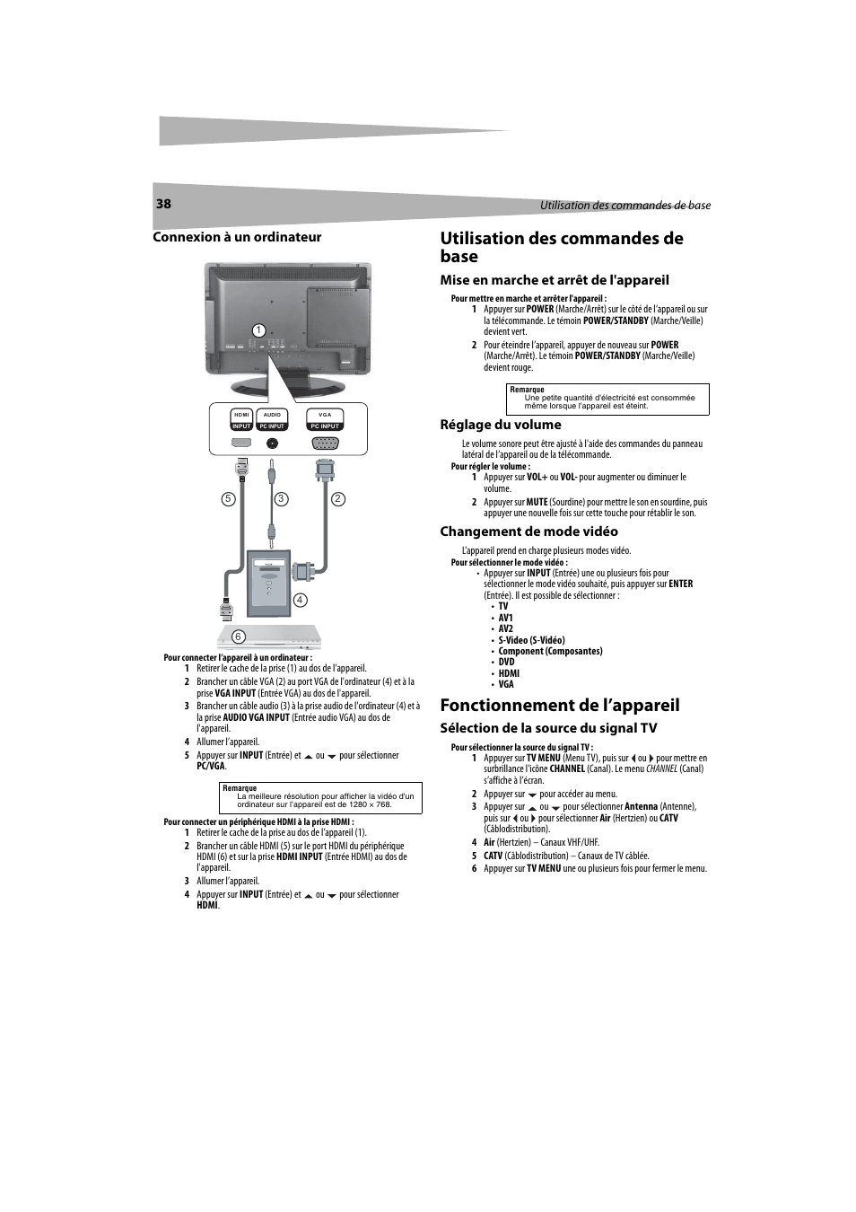 Connexion à un ordinateur, Utilisation des commandes de base, Mise en marche et arrêt de l'appareil | Réglage du volume, Changement de mode vidéo, Fonctionnement de l’appareil, Sélection de la source du signal tv | Dynex DX-LTDVD20 User Manual | Page 38 / 86