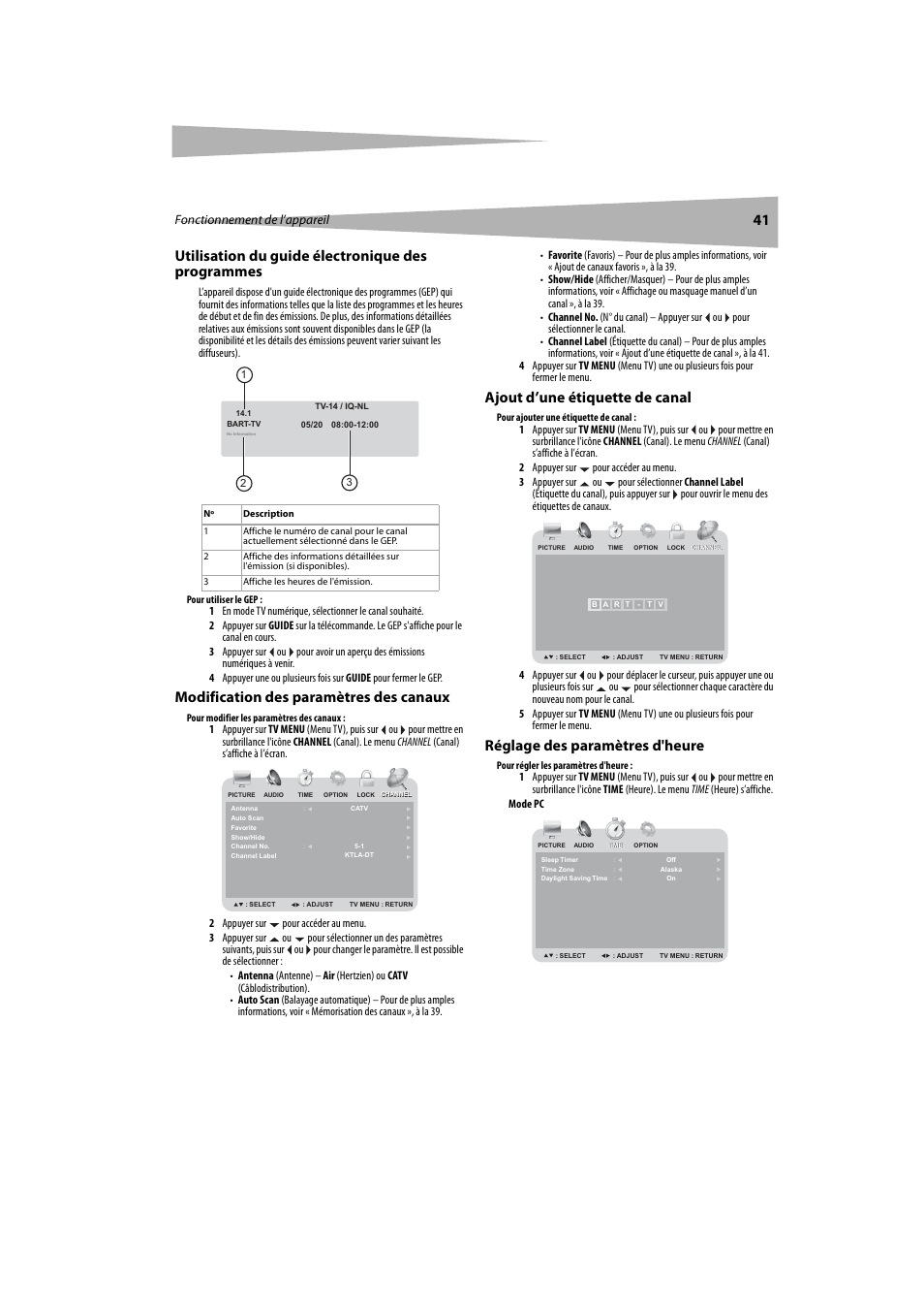 Utilisation du guide électronique des programmes, Modification des paramètres des canaux, Ajout d’une étiquette de canal | Réglage des paramètres d'heure, Fonctionnement de l’appareil | Dynex DX-LTDVD20 User Manual | Page 41 / 86
