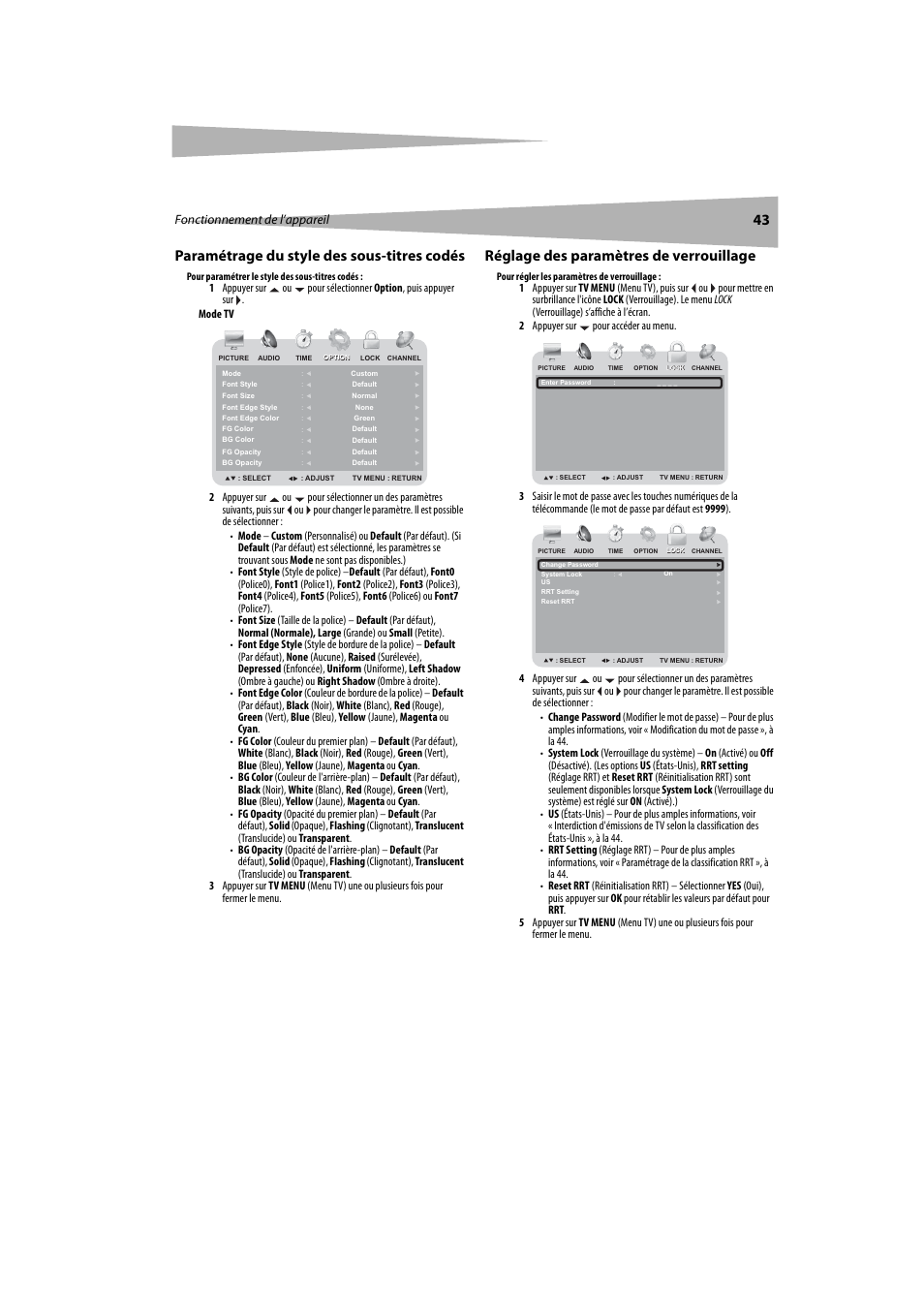 Paramétrage du style des sous-titres codés, Réglage des paramètres de verrouillage, À la 43 | 43 paramétrage du style des sous-titres codés, Fonctionnement de l’appareil | Dynex DX-LTDVD20 User Manual | Page 43 / 86