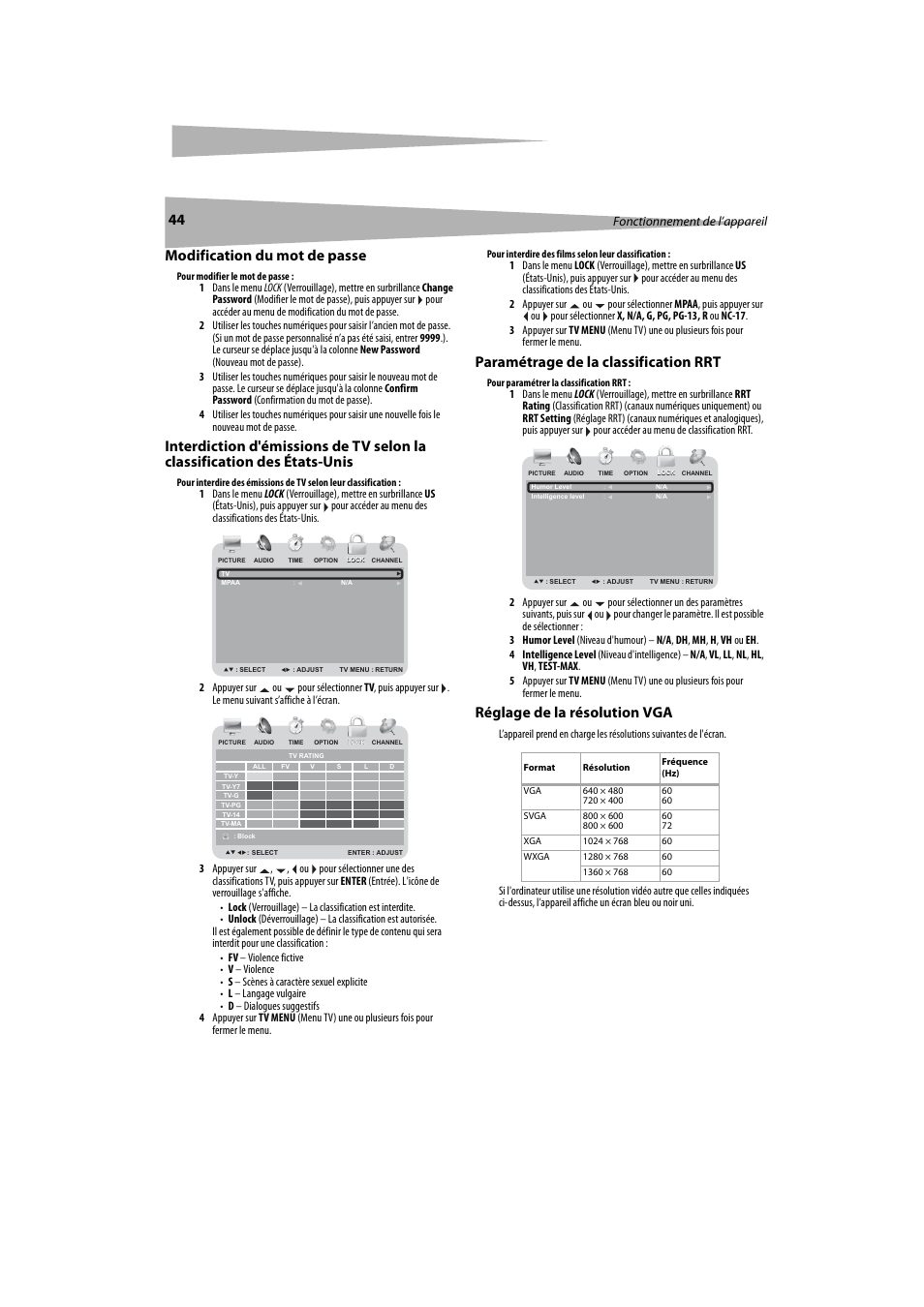 Modification du mot de passe, Paramétrage de la classification rrt, Réglage de la résolution vga | États-unis, Fonctionnement de l’appareil | Dynex DX-LTDVD20 User Manual | Page 44 / 86