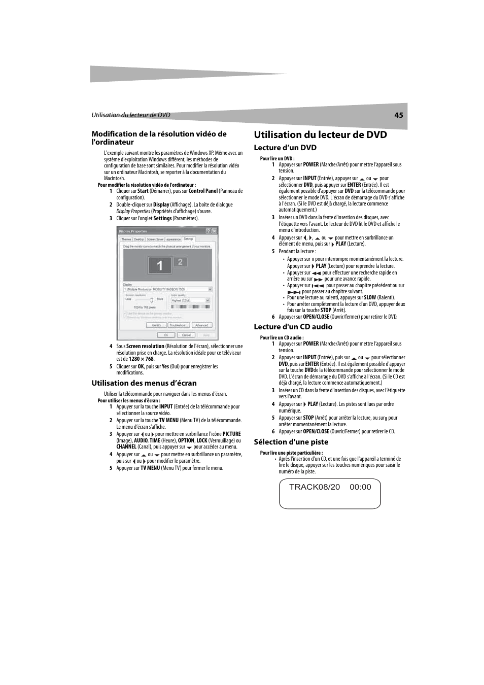 Utilisation des menus d’écran, Utilisation du lecteur de dvd, Lecture d’un dvd | Lecture d'un cd audio, Sélection d'une piste | Dynex DX-LTDVD20 User Manual | Page 45 / 86