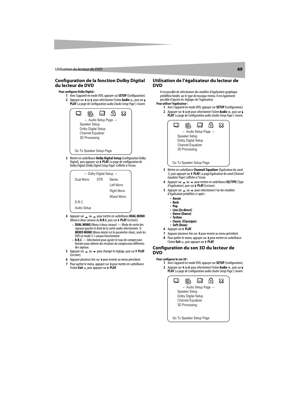 Utilisation de l’égalisateur du lecteur de dvd, Configuration du son 3d du lecteur de dvd | Dynex DX-LTDVD20 User Manual | Page 49 / 86