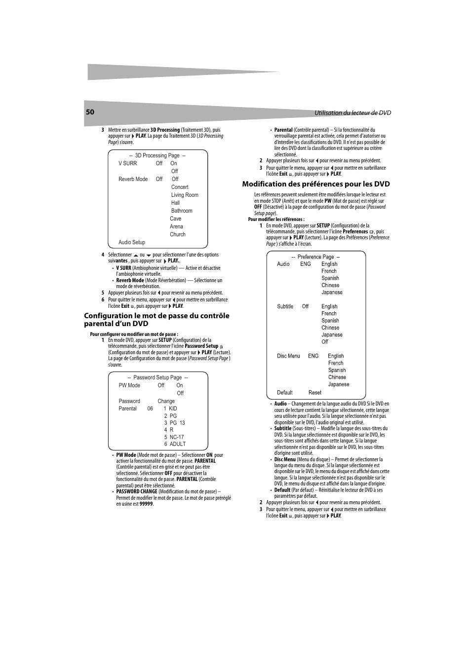 Modification des préférences pour les dvd | Dynex DX-LTDVD20 User Manual | Page 50 / 86