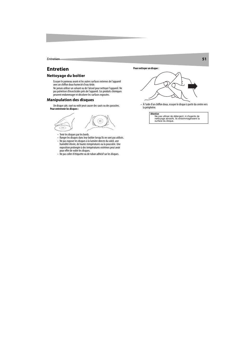 Entretien, Nettoyage du boîtier, Manipulation des disques | Nettoyage du boîtier manipulation des disques | Dynex DX-LTDVD20 User Manual | Page 51 / 86
