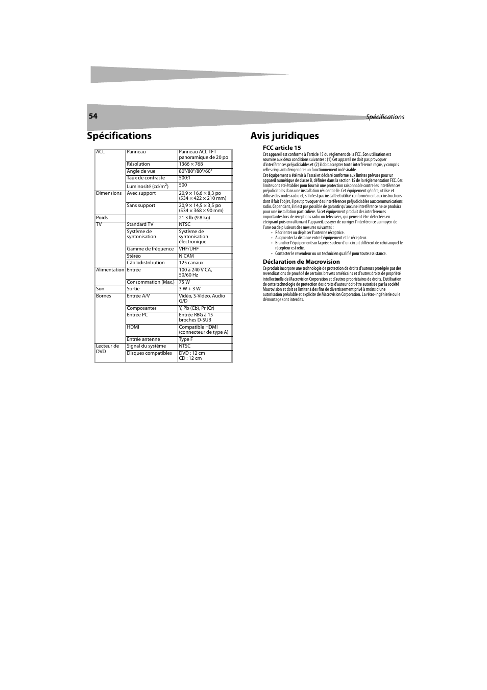 Spécifications, Avis juridiques, Spécifications avis juridiques | Dynex DX-LTDVD20 User Manual | Page 54 / 86