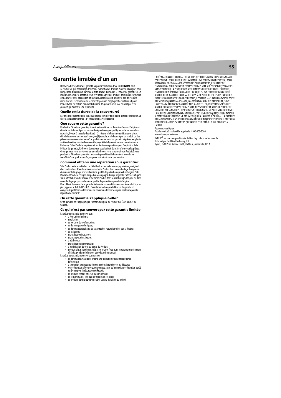 Garantie limitée d’un an | Dynex DX-LTDVD20 User Manual | Page 55 / 86