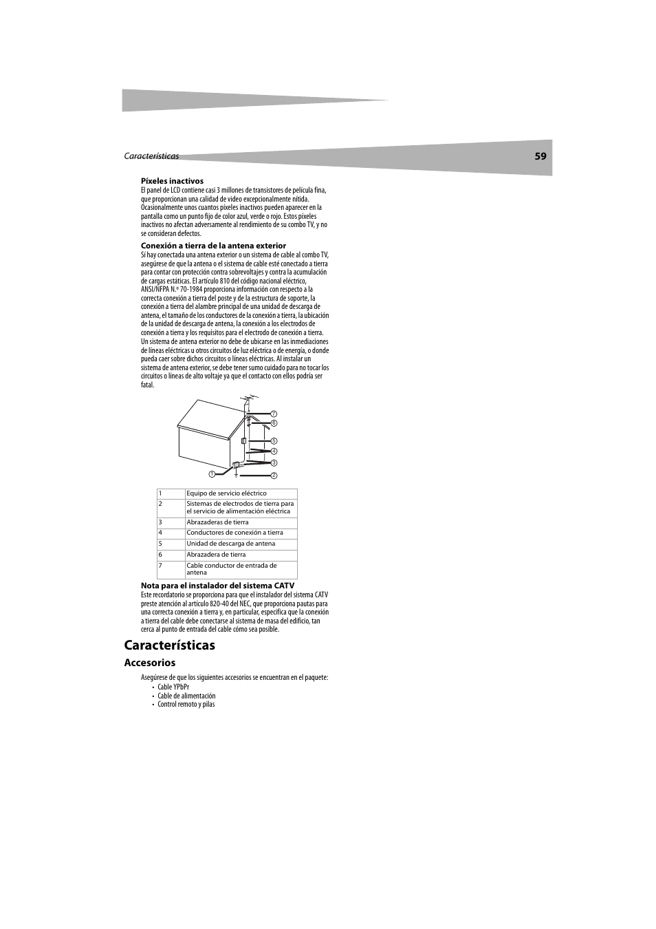 Características, Accesorios | Dynex DX-LTDVD20 User Manual | Page 59 / 86