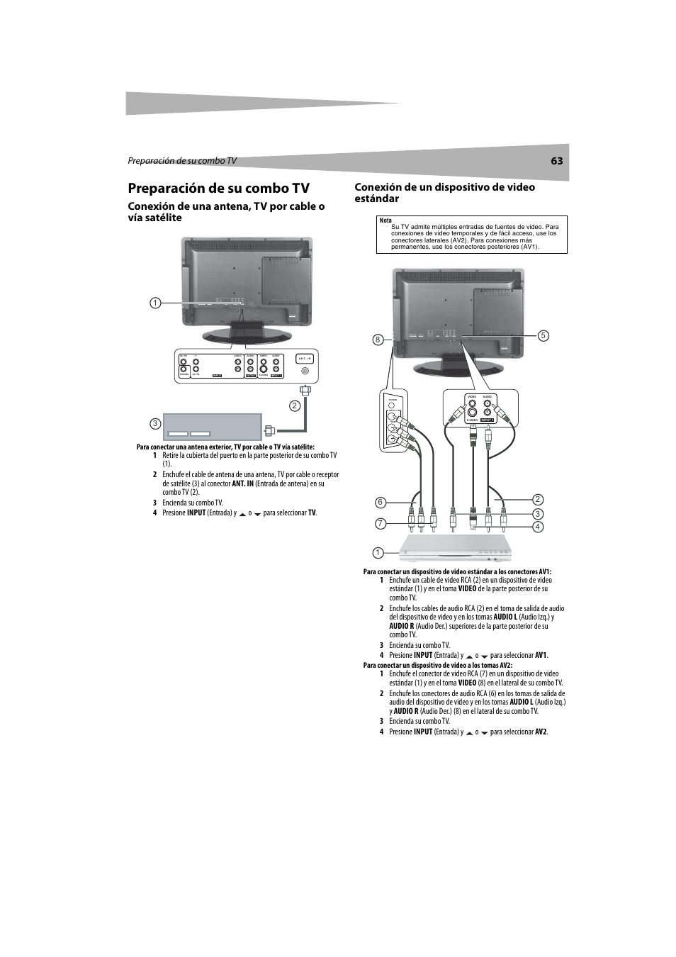 Preparación de su combo tv, Conexión de un dispositivo de video estándar | Dynex DX-LTDVD20 User Manual | Page 63 / 86