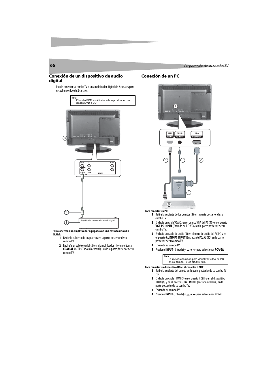 Conexión de un dispositivo de audio digital, Conexión de un pc, Preparación de su combo tv | Dynex DX-LTDVD20 User Manual | Page 66 / 86