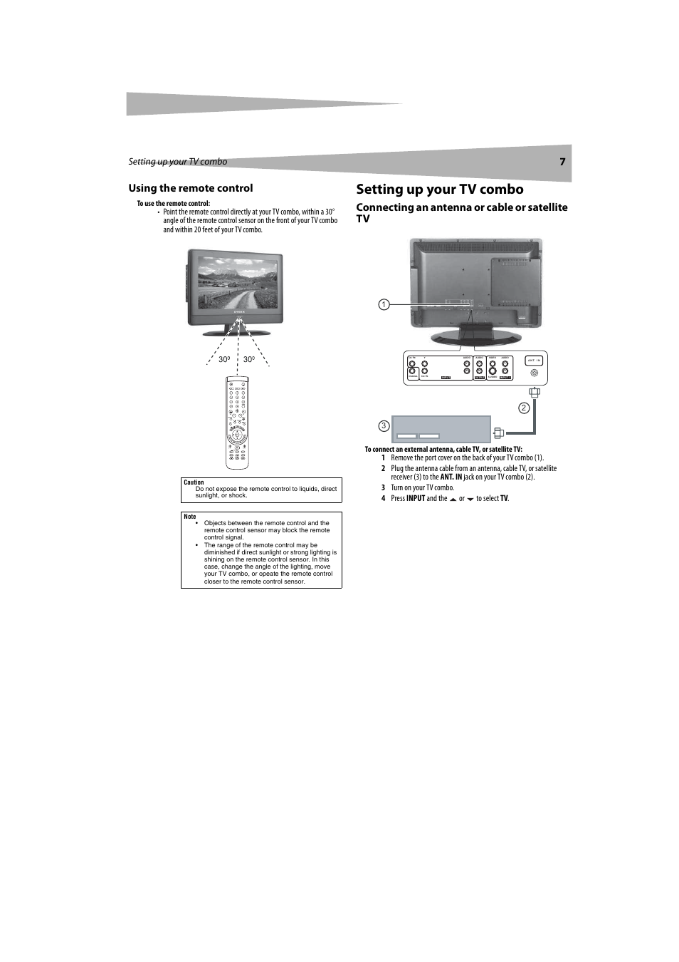 Using the remote control, Setting up your tv combo, Connecting an antenna or cable or satellite tv | Connecting an antenna or cable or satellite tv 7, 7using the remote control | Dynex DX-LTDVD20 User Manual | Page 7 / 86