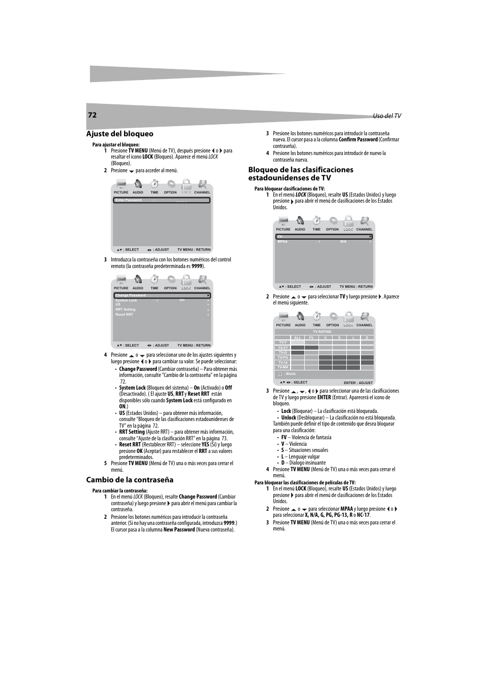 Ajuste del bloqueo, Cambio de la contraseña, Uso del tv | Dynex DX-LTDVD20 User Manual | Page 72 / 86