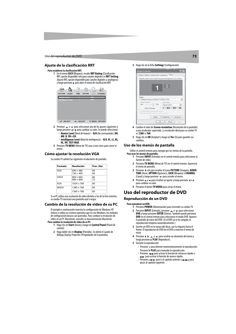 Ajuste de la clasificación rrt, Cómo ajustar la resolución vga, Cambio de la resolución de video de su pc | Uso de los menús de pantalla, Uso del reproductor de dvd, Reproducción de un dvd, Te “ajuste de la clasificación rrt, 73 ajuste de la clasificación rrt | Dynex DX-LTDVD20 User Manual | Page 73 / 86