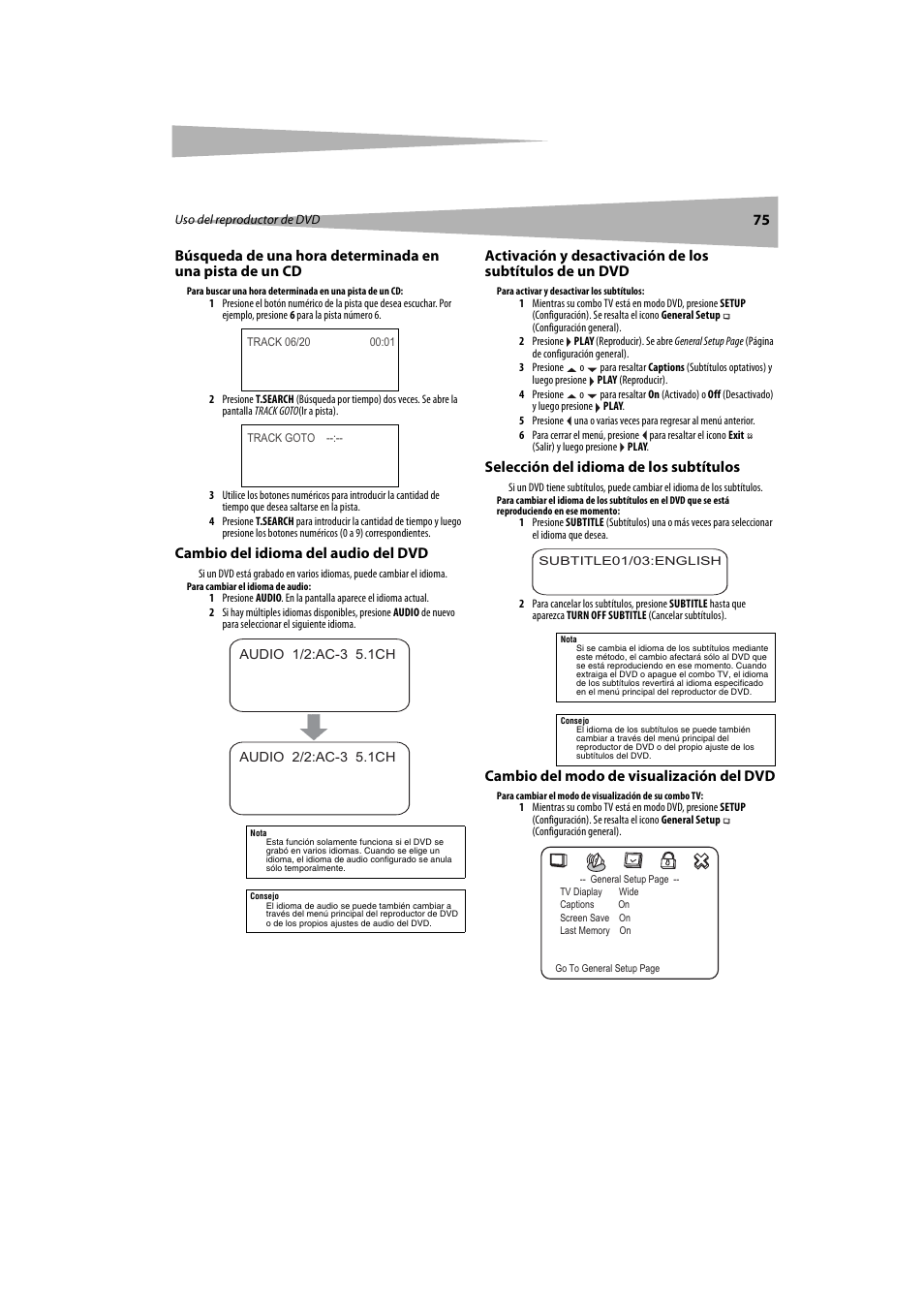 Cambio del idioma del audio del dvd, Selección del idioma de los subtítulos, Cambio del modo de visualización del dvd | Dynex DX-LTDVD20 User Manual | Page 75 / 86