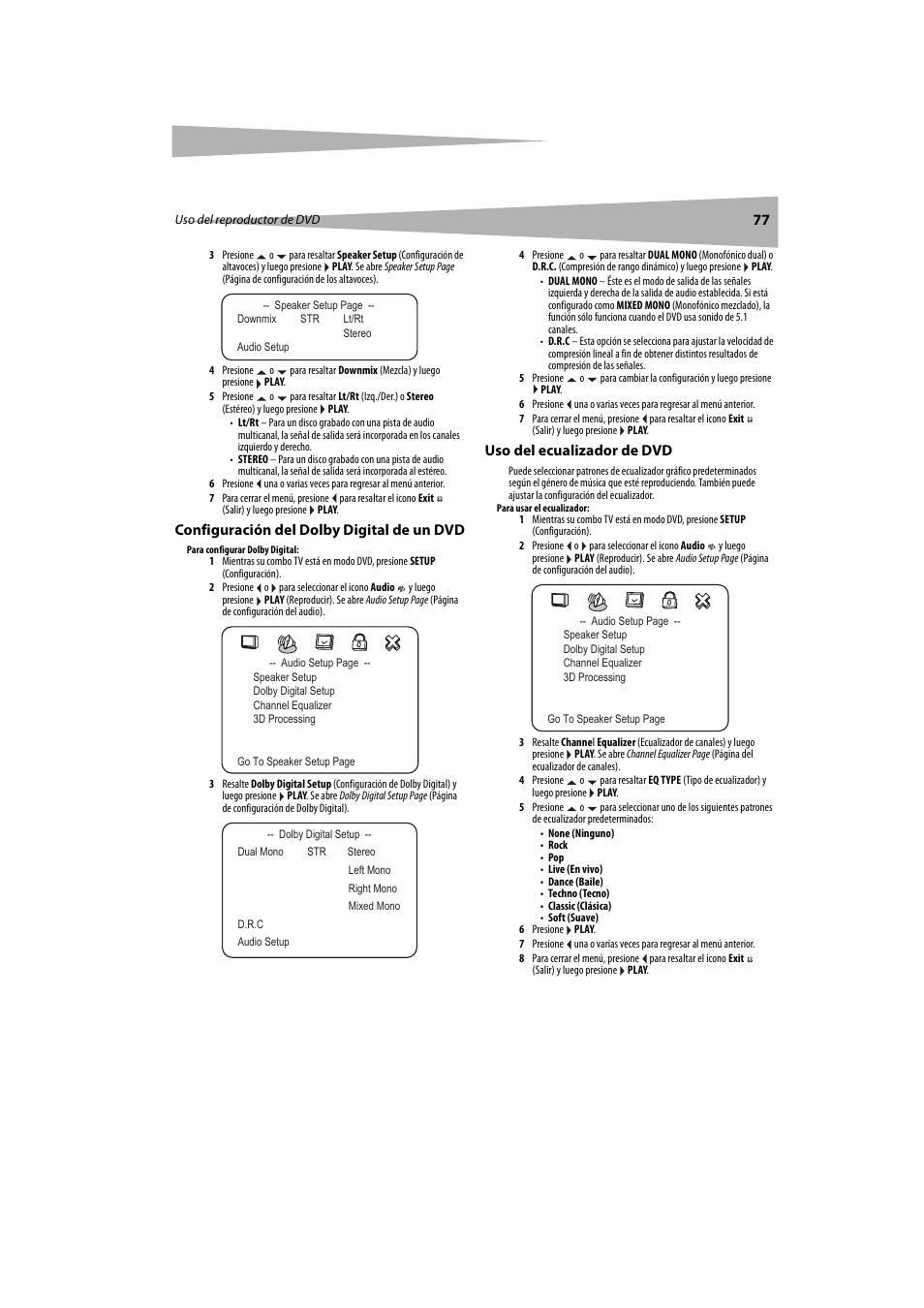 Configuración del dolby digital de un dvd, Uso del ecualizador de dvd | Dynex DX-LTDVD20 User Manual | Page 77 / 86