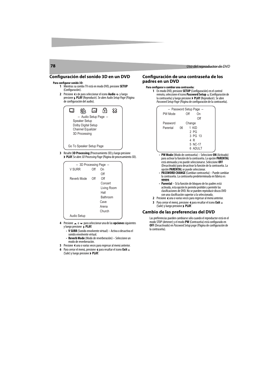Configuración del sonido 3d en un dvd, Cambio de las preferencias del dvd | Dynex DX-LTDVD20 User Manual | Page 78 / 86