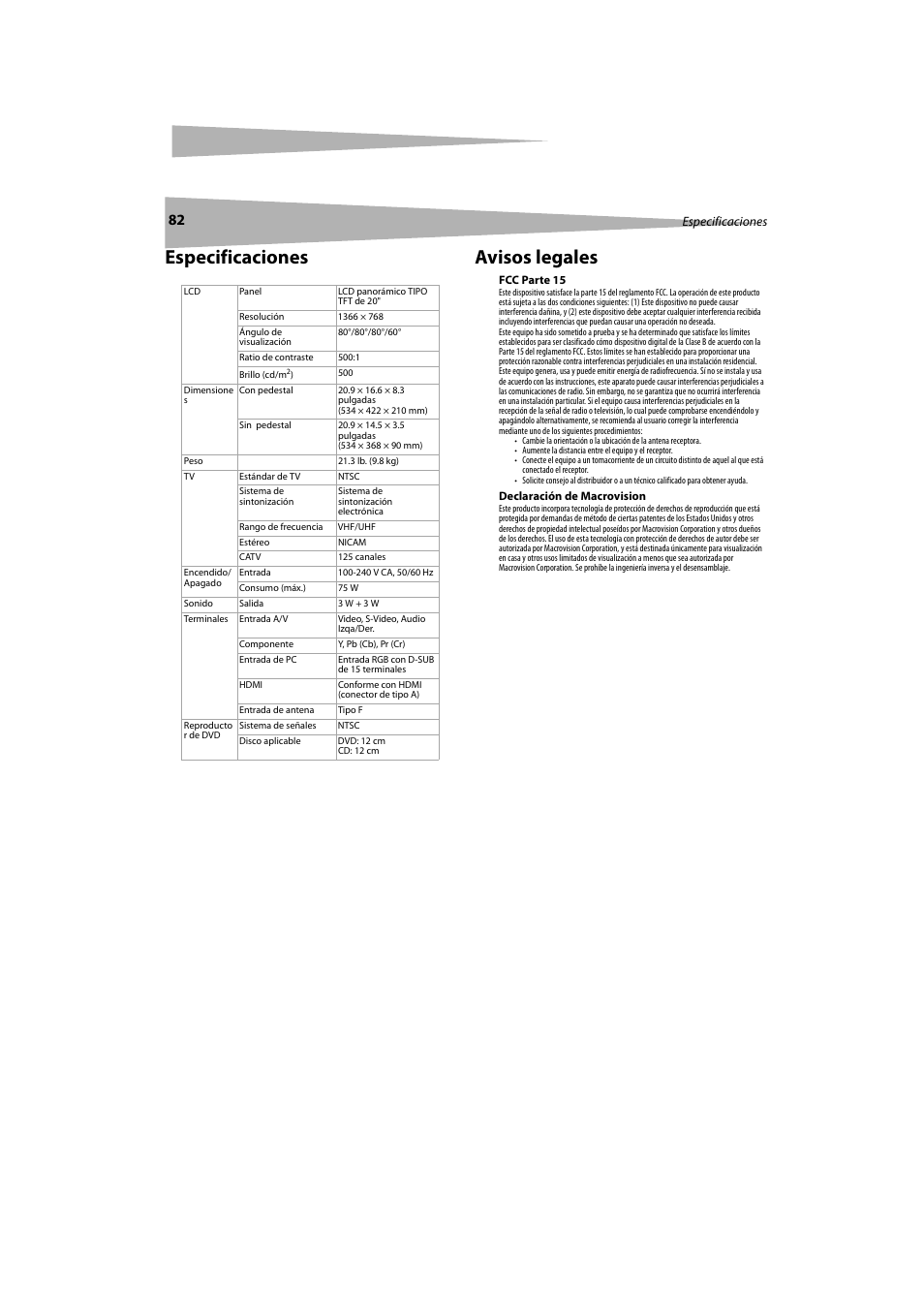 Especificaciones, Avisos legales, Especificaciones avisos legales | Dynex DX-LTDVD20 User Manual | Page 82 / 86