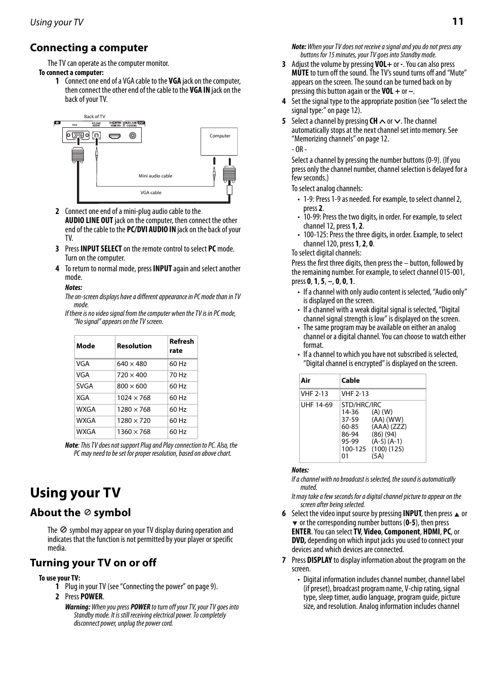 Connecting a computer, Using your tv, About the symbol | Turning your tv on or off, 11 connecting a computer, About the, Symbol | Dynex DX-LTDVD22-09 User Manual | Page 11 / 36