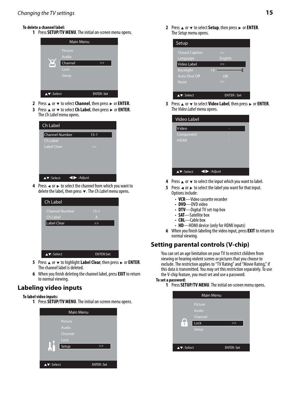 Labeling video inputs, Setting parental controls (v-chip), Changing the tv settings | Dynex DX-LTDVD22-09 User Manual | Page 15 / 36