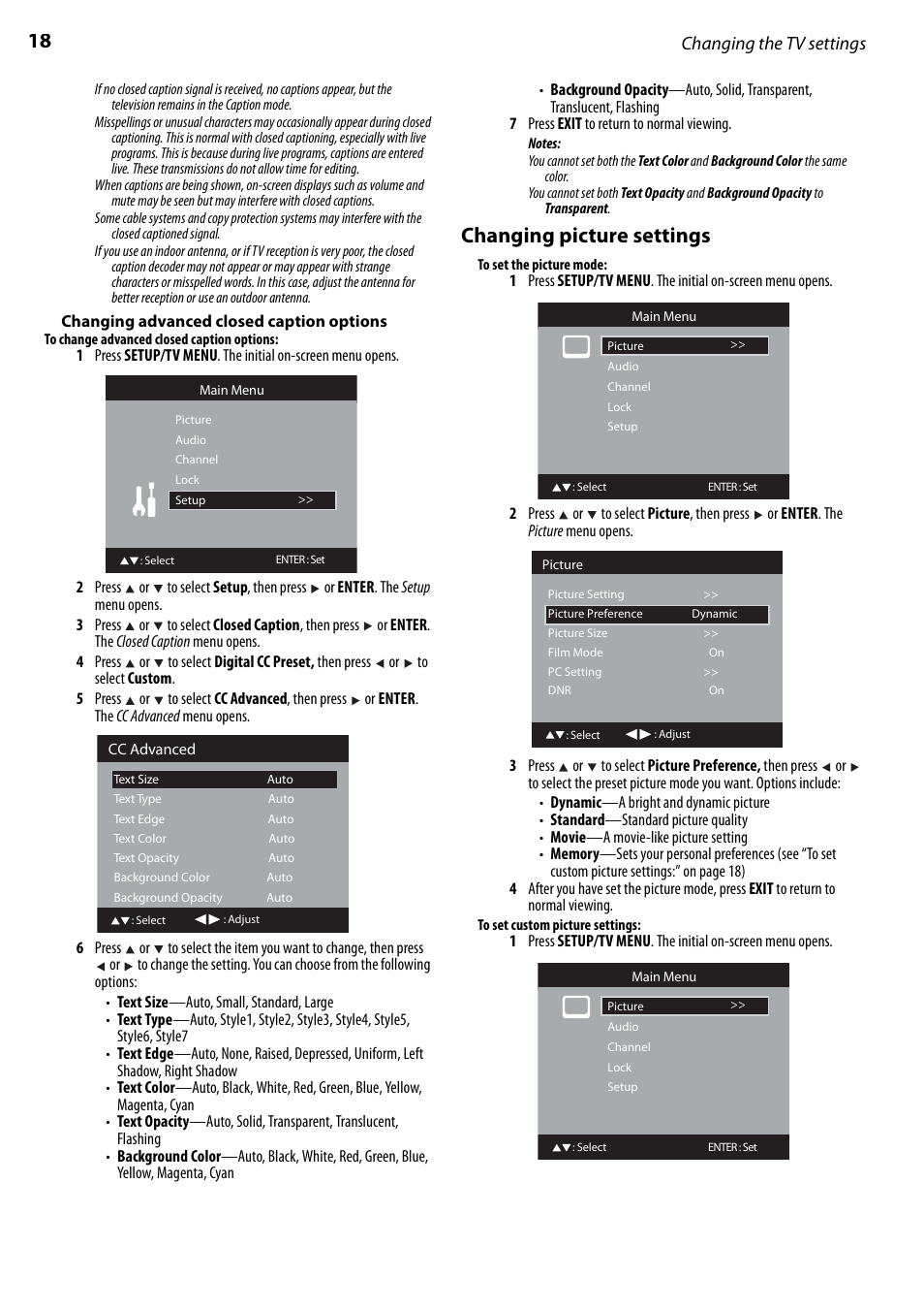 Changing advanced closed caption options, Changing picture settings, Changing the tv settings | Dynex DX-LTDVD22-09 User Manual | Page 18 / 36