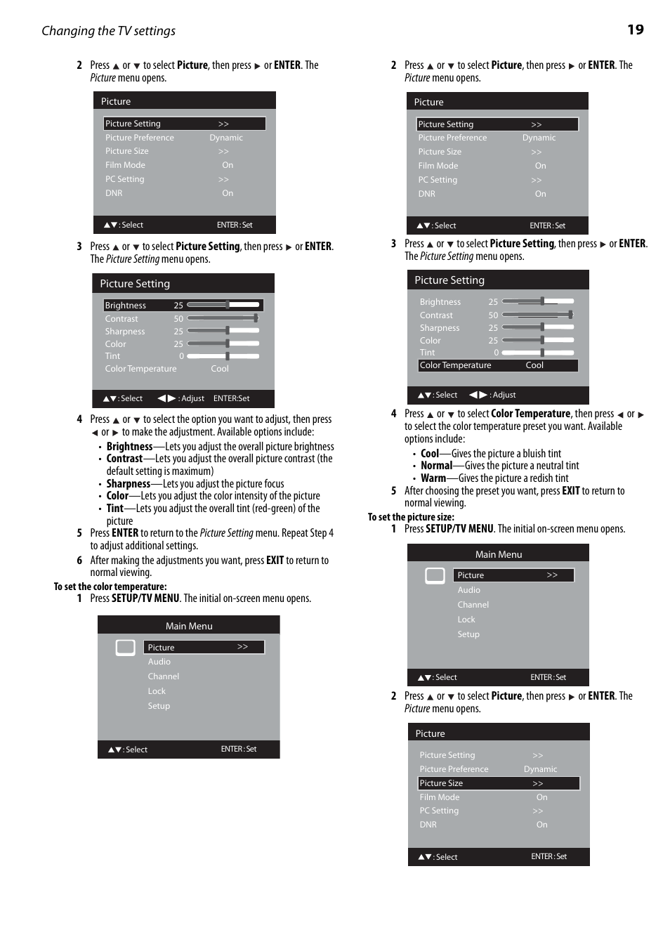 Changing the tv settings | Dynex DX-LTDVD22-09 User Manual | Page 19 / 36