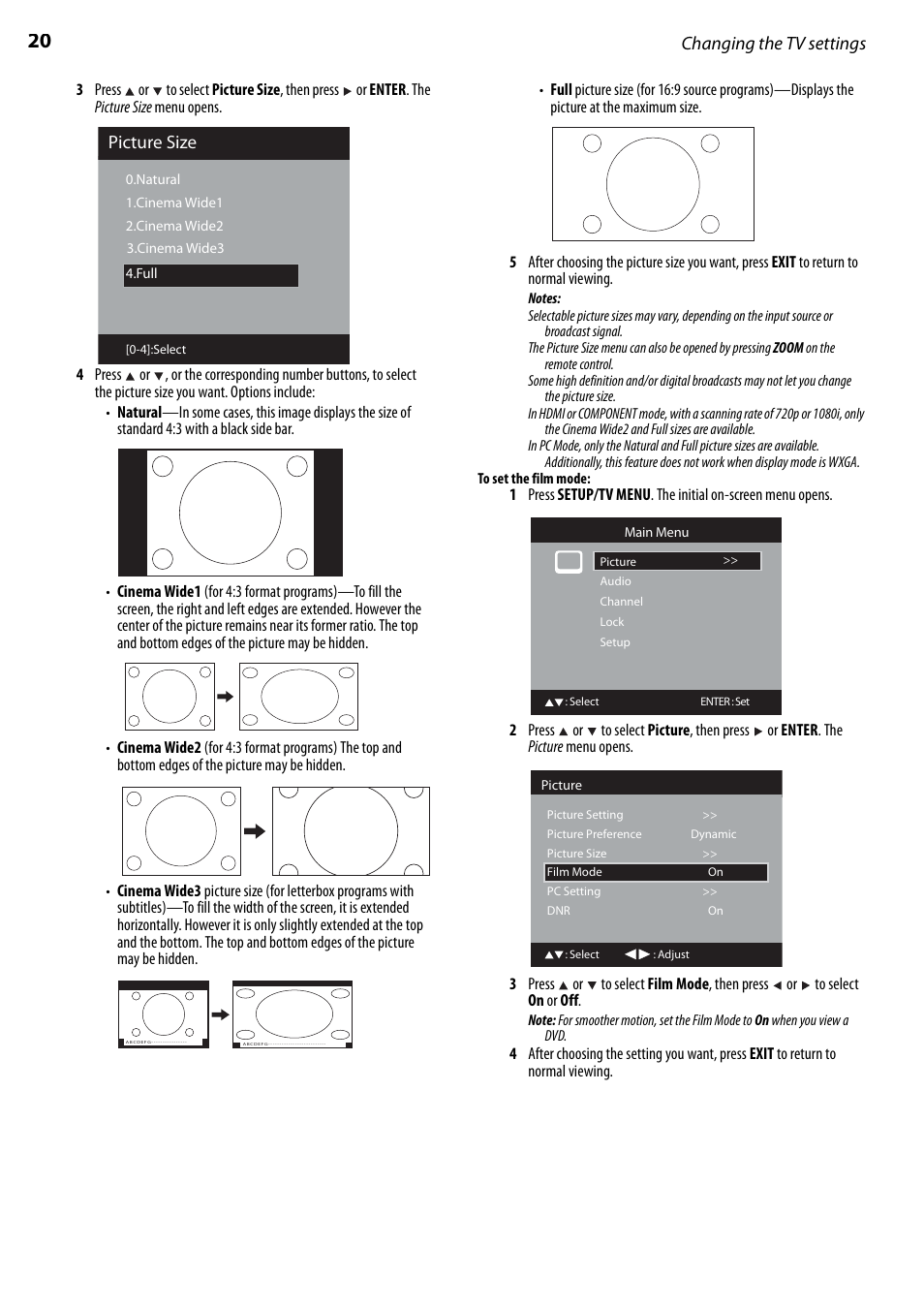 Changing the tv settings, Picture size | Dynex DX-LTDVD22-09 User Manual | Page 20 / 36