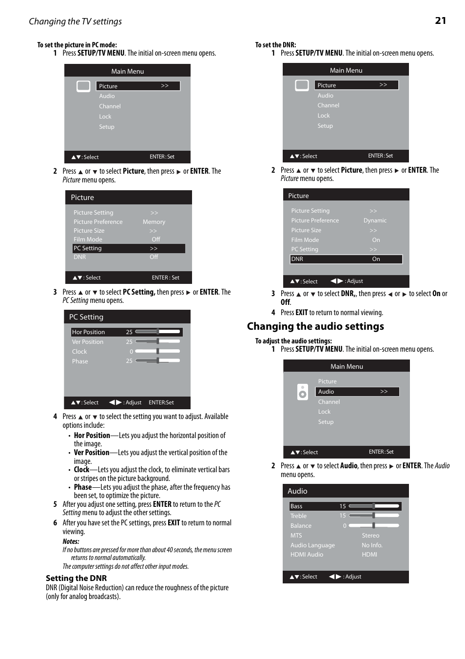 Setting the dnr, Changing the audio settings, Changing the tv settings | Dynex DX-LTDVD22-09 User Manual | Page 21 / 36