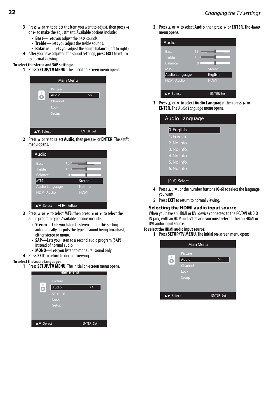 Selecting the hdmi audio input source, Changing the tv settings, Audio language | Dynex DX-LTDVD22-09 User Manual | Page 22 / 36