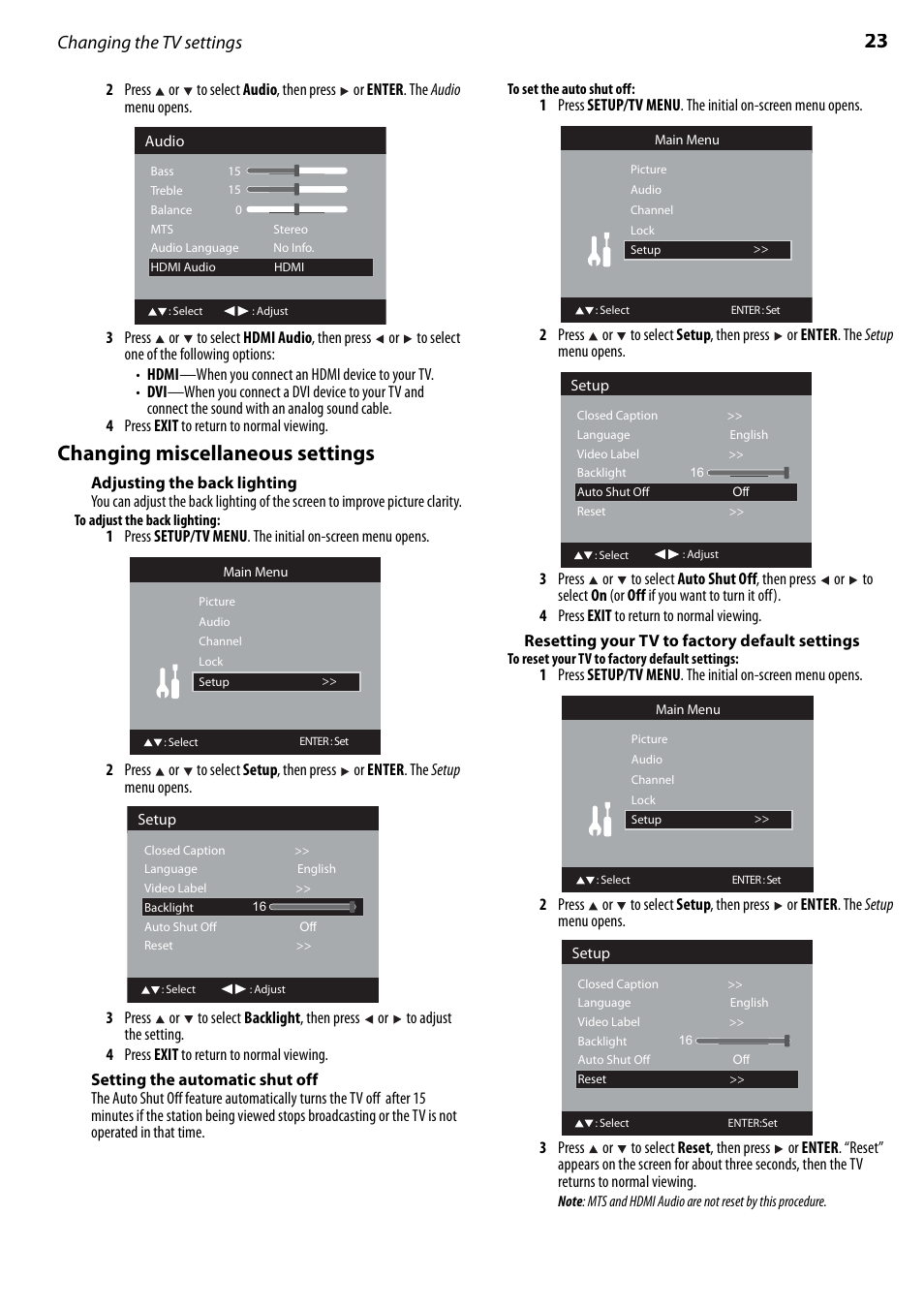 Changing miscellaneous settings, Adjusting the back lighting, Setting the automatic shut off | Resetting your tv to factory default settings, Changing the tv settings | Dynex DX-LTDVD22-09 User Manual | Page 23 / 36