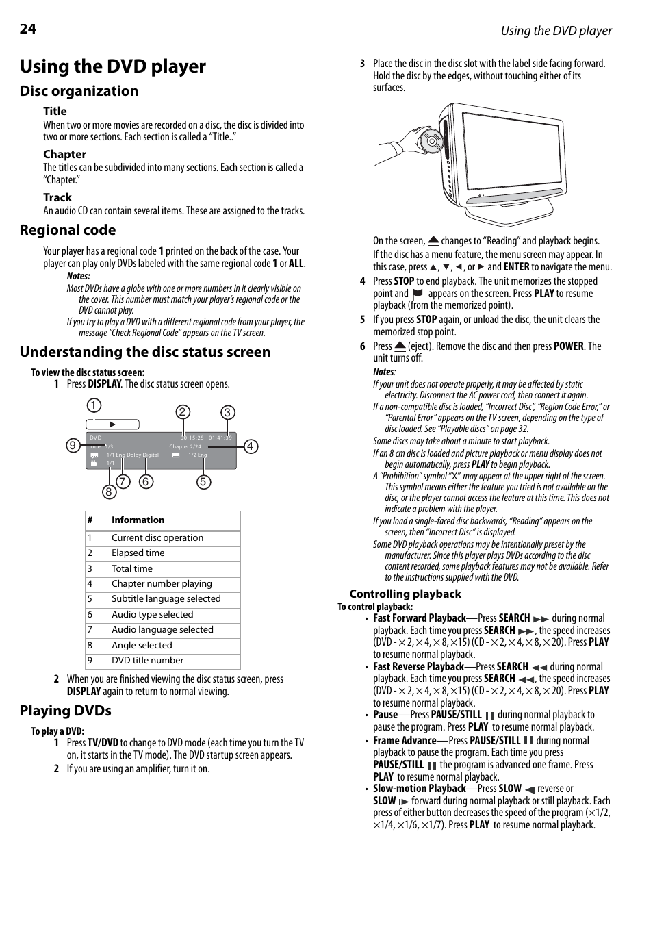 Using the dvd player, Disc organization, Title | Chapter, Track, Regional code, Understanding the disc status screen, Playing dvds, Controlling playback, Understanding the disc status screen playing dvds | Dynex DX-LTDVD22-09 User Manual | Page 24 / 36