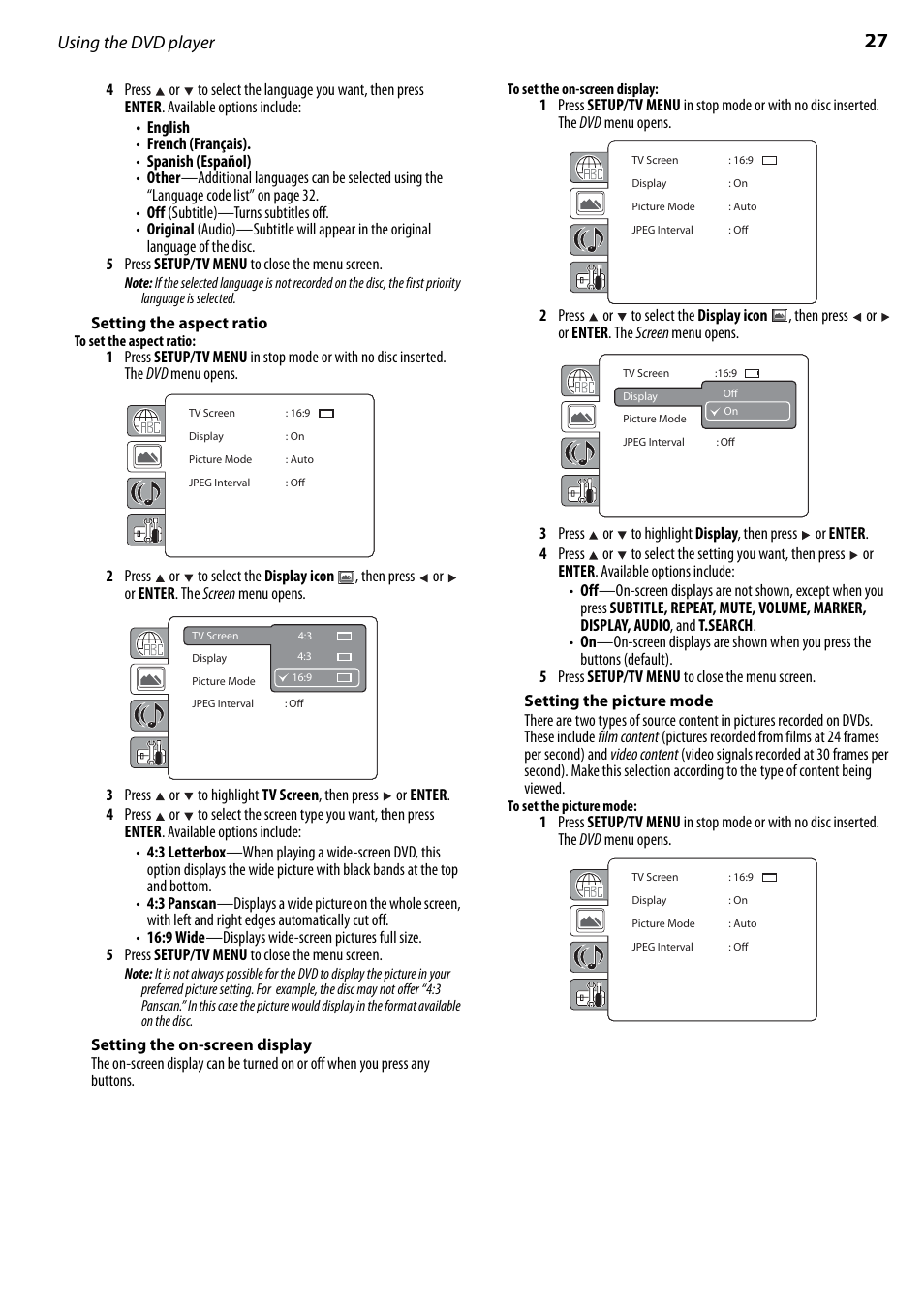Setting the aspect ratio, Setting the on-screen display, Setting the picture mode | Using the dvd player | Dynex DX-LTDVD22-09 User Manual | Page 27 / 36