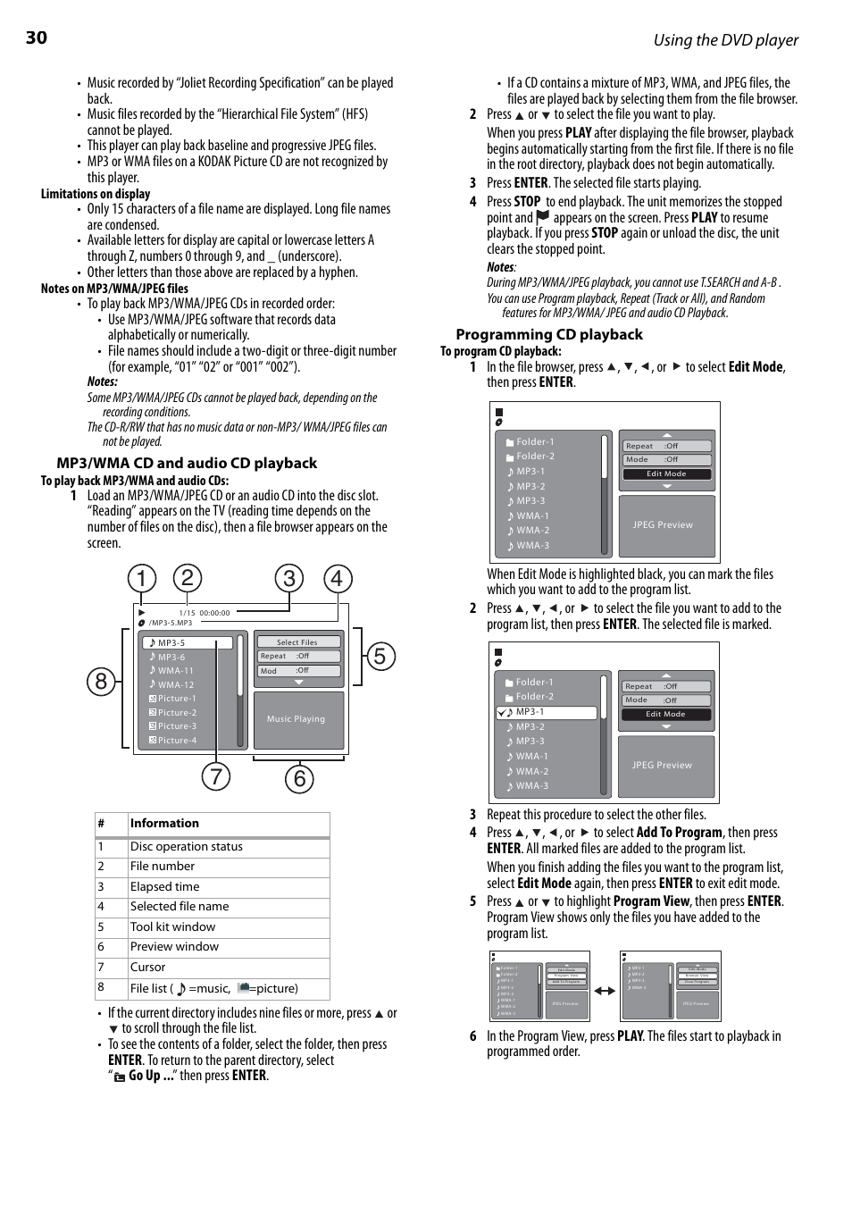 Mp3/wma cd and audio cd playback, Programming cd playback, Using the dvd player | Dynex DX-LTDVD22-09 User Manual | Page 30 / 36