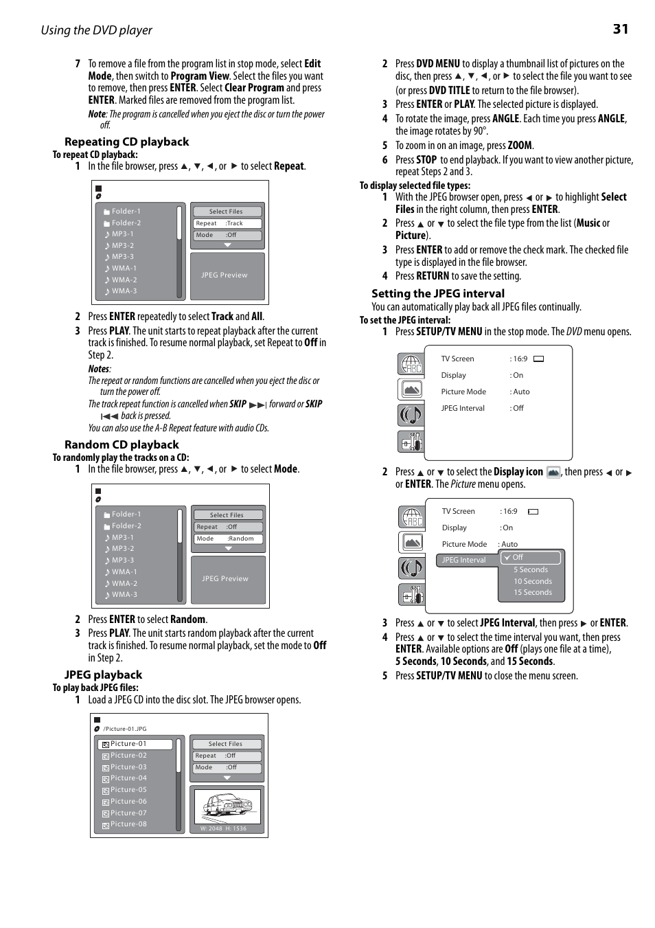 Repeating cd playback, Random cd playback, Jpeg playback | Setting the jpeg interval, Using the dvd player | Dynex DX-LTDVD22-09 User Manual | Page 31 / 36