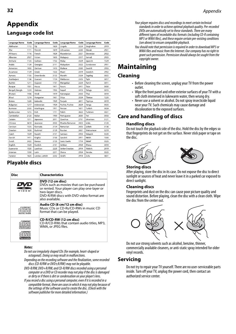 Appendix, Language code list, Playable discs | Maintaining, Cleaning, Care and handling of discs, Handling discs, Storing discs, Cleaning discs, Servicing | Dynex DX-LTDVD22-09 User Manual | Page 32 / 36