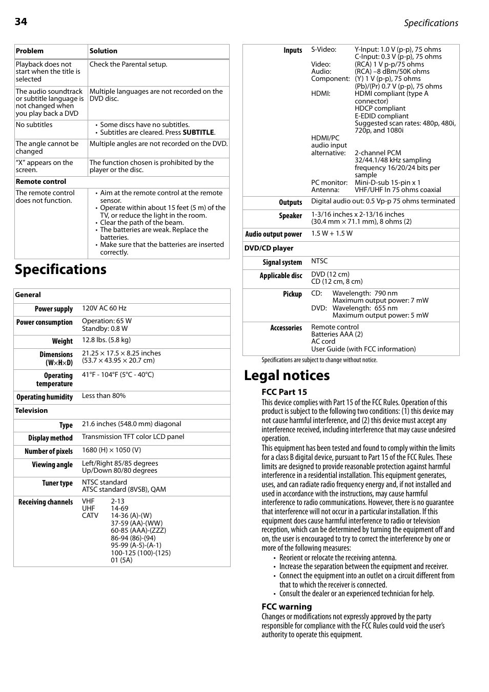 Specifications, Legal notices, Fcc part 15 | Fcc warning, Specifications legal notices | Dynex DX-LTDVD22-09 User Manual | Page 34 / 36