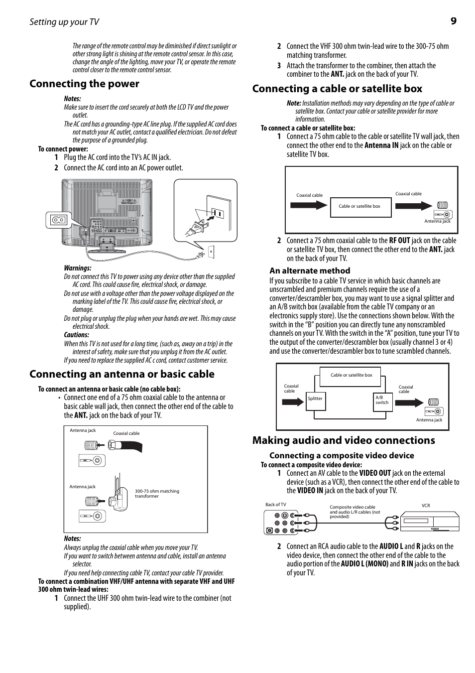 Connecting the power, Connecting an antenna or basic cable, Connecting a cable or satellite box | An alternate method, Making audio and video connections, Connecting a composite video device, Setting up your tv | Dynex DX-LTDVD22-09 User Manual | Page 9 / 36