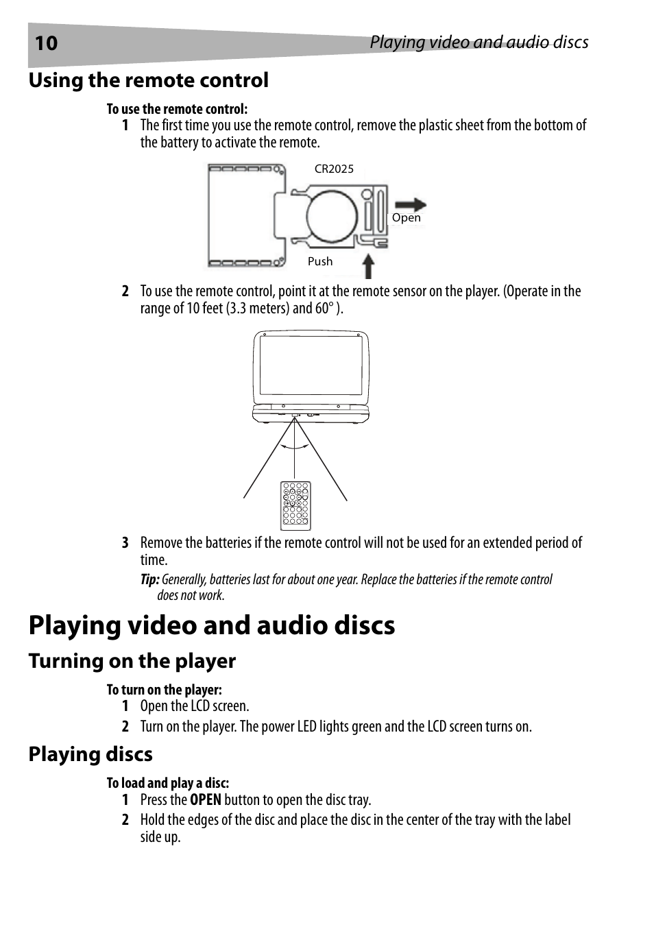 Using the remote control, To use the remote control, Playing video and audio discs | Turning on the player, To turn on the player, Playing discs, To load and play a disc | Dynex DX-PDVD9 User Manual | Page 10 / 84