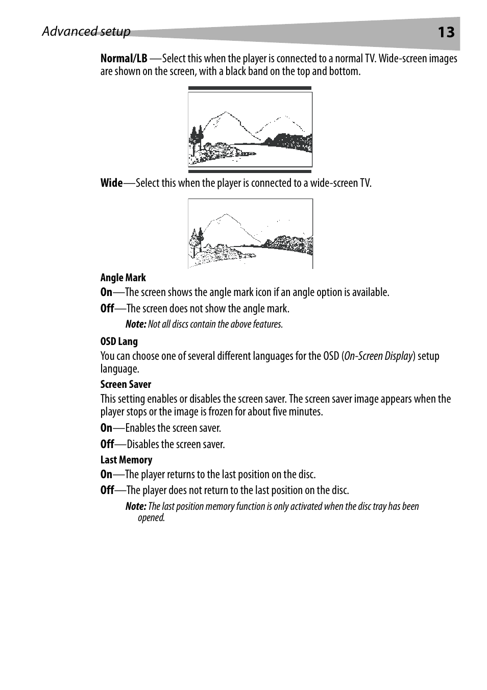 Angle mark, Osd lang, Screen saver | Last memory, Advanced setup | Dynex DX-PDVD9 User Manual | Page 13 / 84