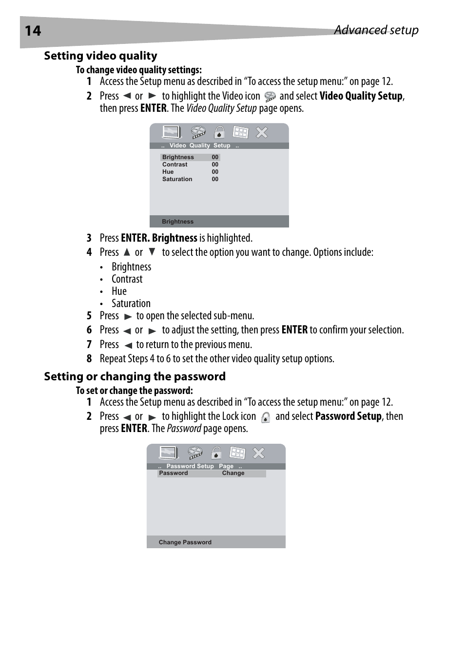 Setting video quality, To change video quality settings, Setting or changing the password | To set or change the password, Advanced setup | Dynex DX-PDVD9 User Manual | Page 14 / 84