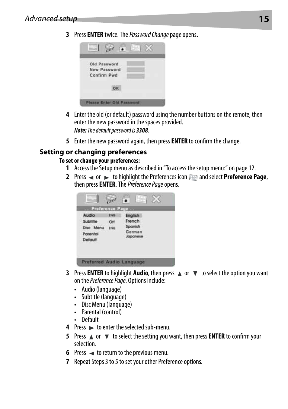 Setting or changing preferences, To set or change your preferences | Dynex DX-PDVD9 User Manual | Page 15 / 84