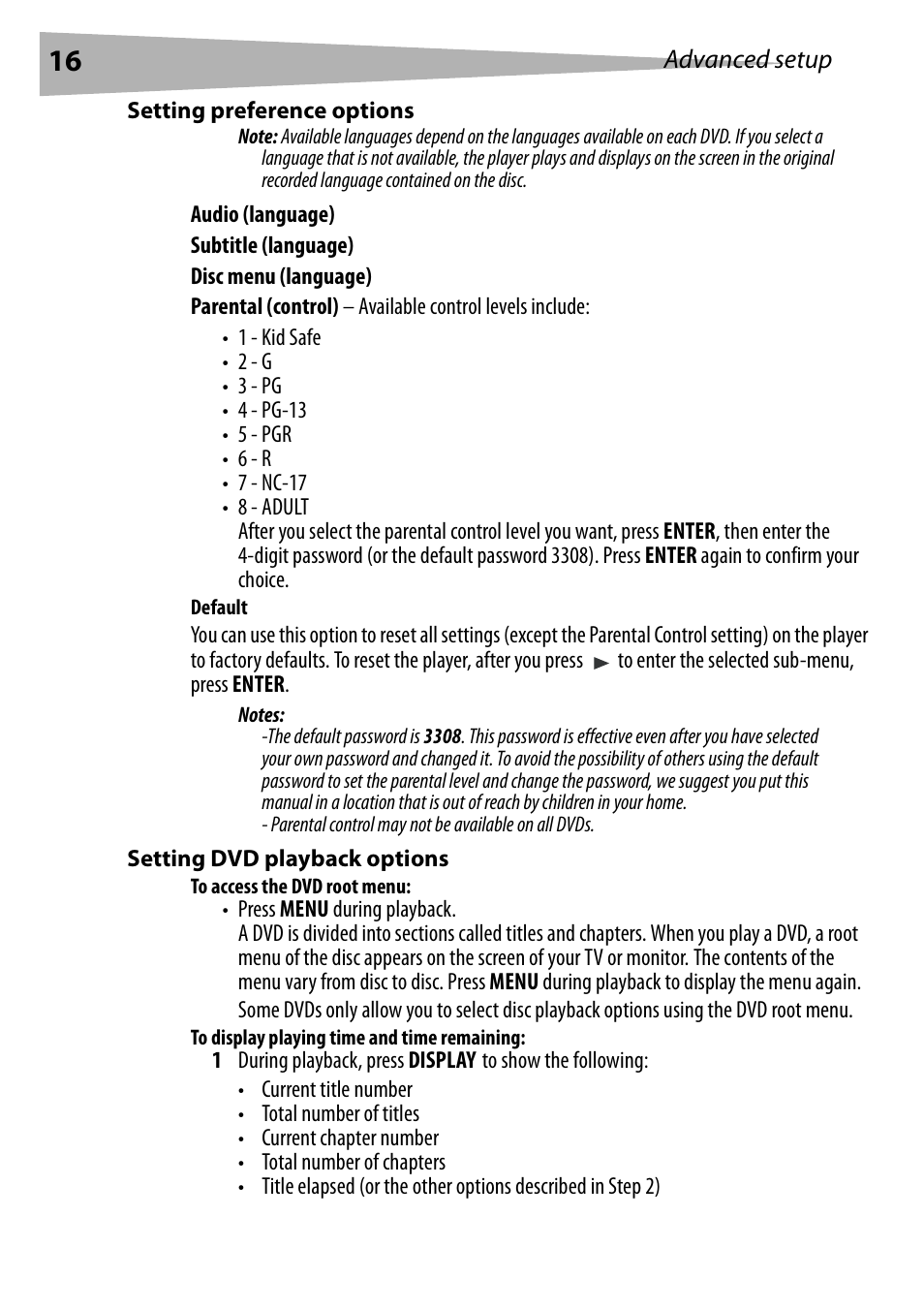 Setting preference options, Default, Setting dvd playback options | To access the dvd root menu, To display playing time and time remaining | Dynex DX-PDVD9 User Manual | Page 16 / 84