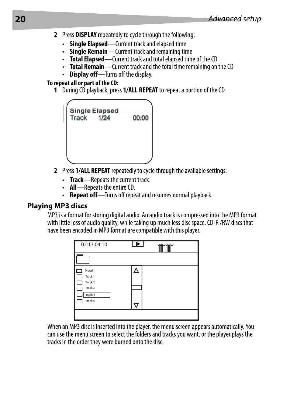 To repeat all or part of the cd, Playing mp3 discs, Advanced setup | Dynex DX-PDVD9 User Manual | Page 20 / 84