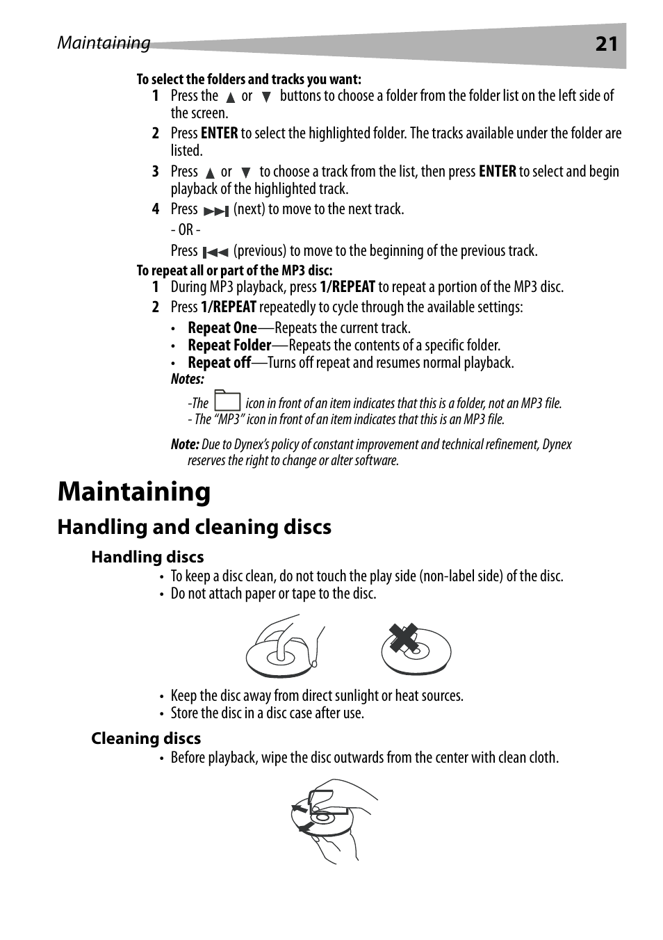 To select the folders and tracks you want, To repeat all or part of the mp3 disc, Maintaining | Handling and cleaning discs, Handling discs, Cleaning discs | Dynex DX-PDVD9 User Manual | Page 21 / 84