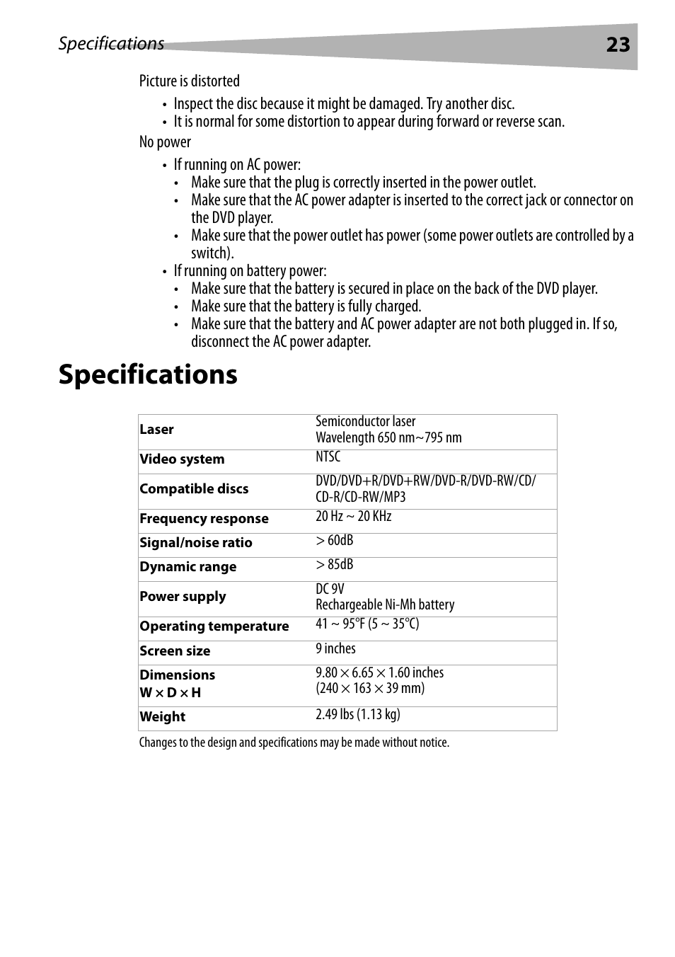 Specifications | Dynex DX-PDVD9 User Manual | Page 23 / 84