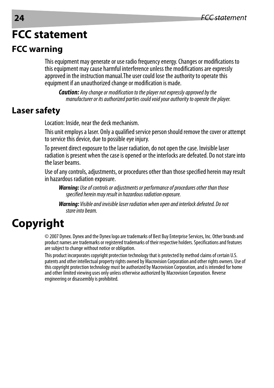 Fcc statement, Fcc warning, Laser safety | Copyright | Dynex DX-PDVD9 User Manual | Page 24 / 84